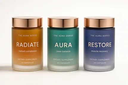 natural energy supplement RADIATE,matcha metabolism drink AURA,nighttime sleep formula RESTORE